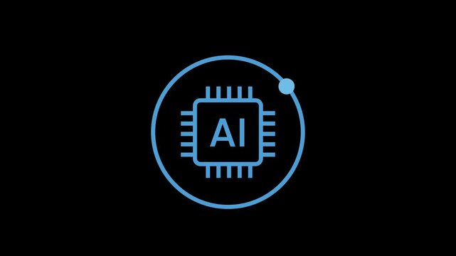 AI circle with artificial intelligence chip. Minimal outline AI processor icon inside circular frame. line art AI chip for technology and data interface. 2D animation 4K resolution, alpha channel