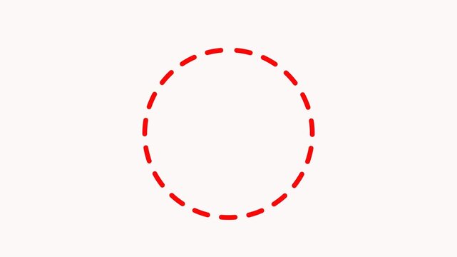 Animated dashed red circle rotates slowly on white background, loop motion graphic design element for compositing