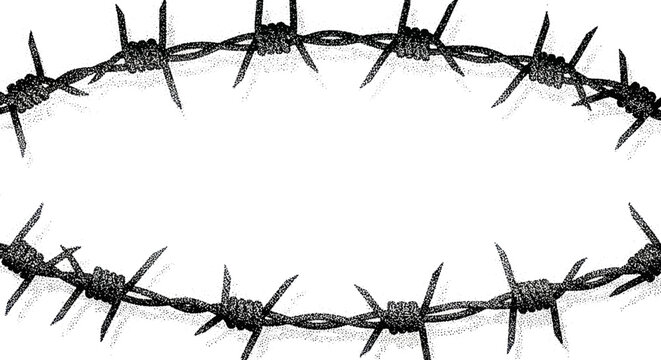 Barbed Wire Circle Frame Border on White Background, Symbol of Restriction and Danger