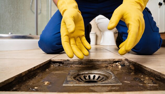 A person wearing yellow rubber gloves is inspecting a severely clogged and dirty floor drain in a bathroom, revealing the need for plumbing maintenance.