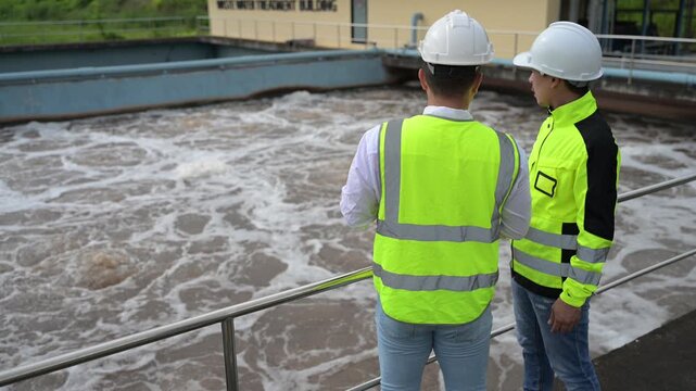 Professional environmental engineers inspecting a modern wastewater treatment plant process, monitoring water quality and aeration system for industrial sustainability and ecology.