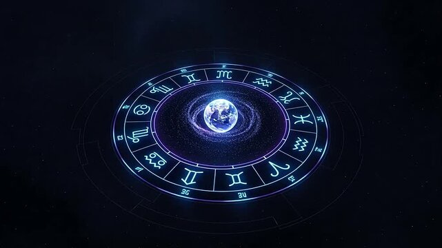Cosmic astrological zodiac wheel with glowing symbols and a planet Earth at its center, against a dark starry background.