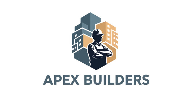 Professional construction worker in front of modern building structures, representing Apex Builders company logo.