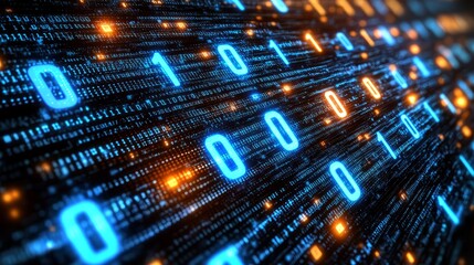 Obraz premium Binary code with glowing blue and orange digits on a dark background representing digital data and technology