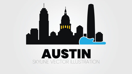 Austin Texas urban skyline silhouette for music festivals and tech startups.