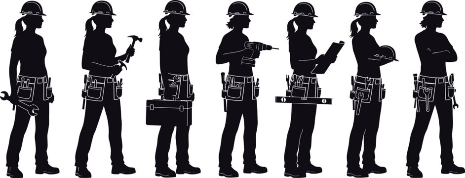 Female construction worker silhouette collection with tools, helmet and toolbox isolated on light background, professional builder vector set for industry and labor design