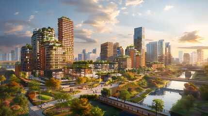 Fototapeta premium Sustainable Urban Oasis A Visionary Cityscape Blending Modern Architecture, Lush Green Spaces, and a Serene River Under a Golden Sky