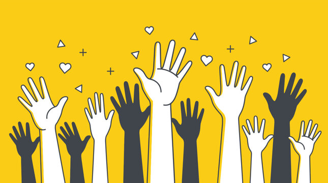 Diverse hands raised up on a yellow background symbolizing community and support