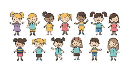 Fototapeta premium Large group of diverse boys and girls stand together, showcasing different hair colors, skin tones, and colorful clothing styles.