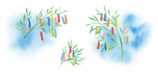Fototapeta premium Watercolor Tanabata Bamboo Decorations with Colorful Paper Strips, Japanese Star Festival Background with Soft Blue Cloud Textures, Hand-Painted Illustration-300dpi-