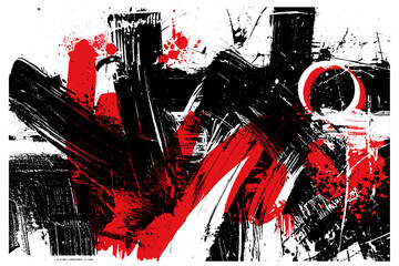 Abstract red and black grunge background with expressive ink splatters and brush strokes. © Vallabh soni