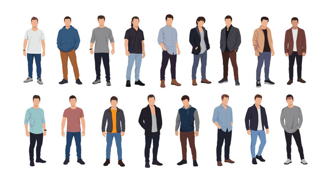 Collection of male character silhouettes showing different fashion styles from casual hoodies to formal suits stands against a plain white background.