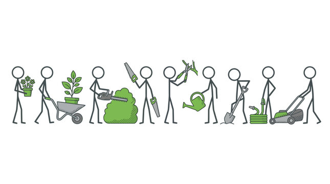 Stick figures gardening with tools performing various outdoor yard work activities