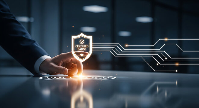 Expert hand pointing at glowing certified badge symbol representing quality assurance and business excellence award