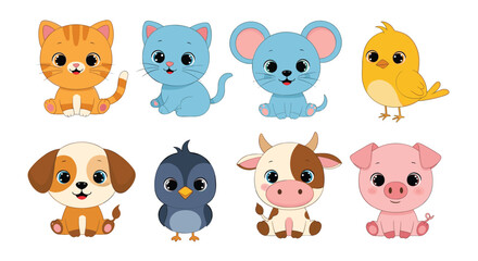 Fototapeta premium Group of adorable baby animals like a kitten, mouse, puppy, and piglet is shown with large expressive eyes in a charming and sweet illustration.