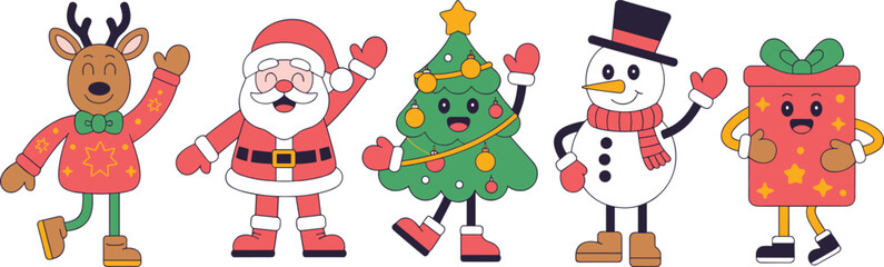 Cute Christmas cartoon characters set, Santa reindeer snowman tree gift box vector illustration festive holiday design bundle © Shaharia