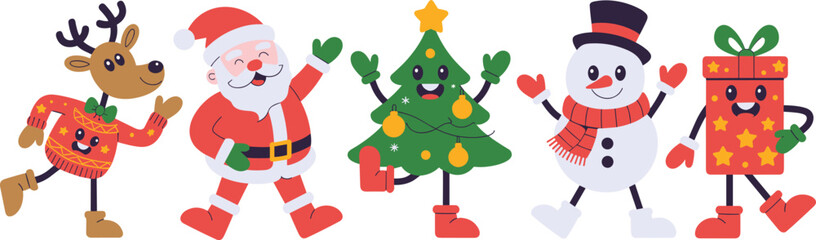 Cute Christmas characters illustration, Santa Claus reindeer snowman Christmas tree gift box cartoon vector festive holiday design © Shaharia