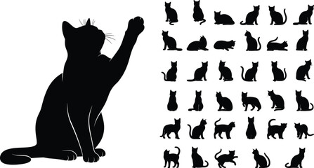 Black cat silhouettes collection with various feline poses, sitting, jumping, playing, and stretching isolated on white background for pet design projects © Md