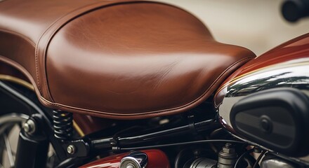 Fototapeta premium Brown Leather Motorcycle Seat Closeup Detail.
