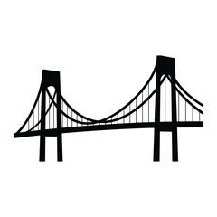 Obraz premium Suspension bridge with tall towers and curved cables, side view Icon Silhouette vector black design on a white background