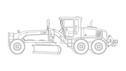 Fototapeta premium Motor Grader Illustration: A detailed outline of a motor grader, a powerful construction machine, presented with precision, perfect for illustrating industrial projects and construction themes.