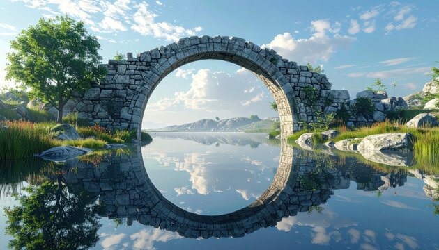 Stone Arch Bridge Reflecting in Calm Water with Mountain Backdrop.