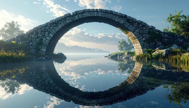 Stone bridge reflection over tranquil water, creating a serene landscape.