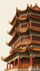 Fototapeta premium Traditional Chinese multi-tiered pagoda with ornate roof details and red pillars