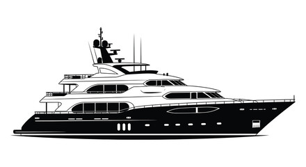 A striking black and white illustration of a luxury yacht prominently displayed as a silhouette high quality professional © Kuntol02