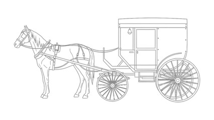 Vintage Horse-Drawn Carriage: A meticulously detailed outline of a classic horse-drawn carriage stands ready for a journey. This image captures the timeless elegance of historical transportation. © Hasib