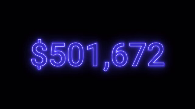 Neon 1 million counter numbers animation on transparent background, glowing 1 million counting numbers animated in 4k.
