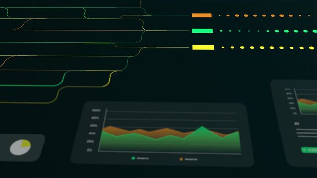 Close up of digital data streams flowing into performance analytics charts and financial tracking modules.