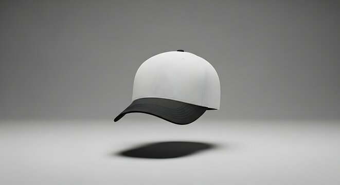 A white baseball cap with a black brim floating above a shadow on a gray surface, viewed from the side.