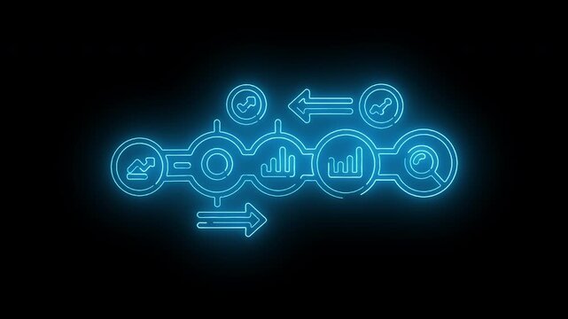 Neon-lit flowchart diagram with business icons on a dark background, conveying a modern and technological mood.