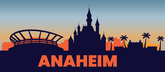 Anaheim cityscape silhouette featuring a fairy-tale castle and a stadium landmark.