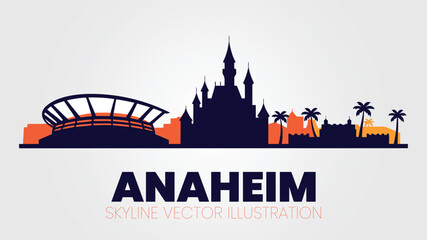 Anaheim California city skyline silhouette vector with castle and stadium.