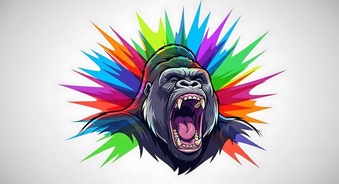 Aggressive Gorilla Head with Rainbow Explosion.