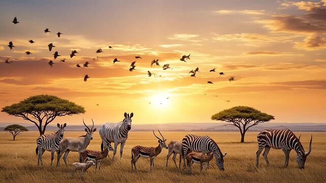 Majestic African Savannah Sunset with Zebras and Antelopes Grazing and Birds Flying