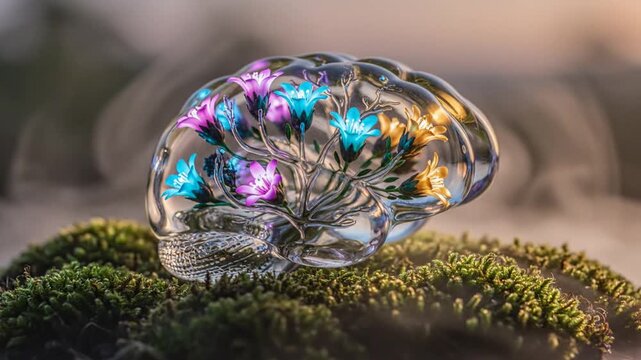 Resilient glass brain with colorful floral tree imprints resting on moss, surreal nature sculpture