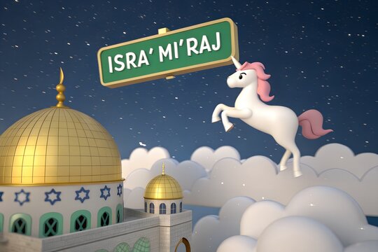 A whimsical and mystical 3D illustration beautifully portrays the islamic event of isra mi'raj, featuring a majestic unicorn flying above soft clouds near an iconic golden domed mosque under a starry 