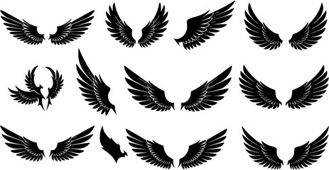 Fototapeta premium Collection of Black Wings Silhouettes: Angel, Bird, Eagle, Isolated Vector Icons