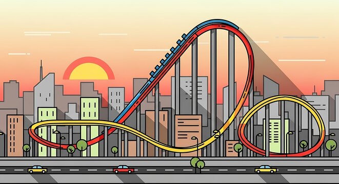 Colorful Roller Coaster Cityscape at Sunset.