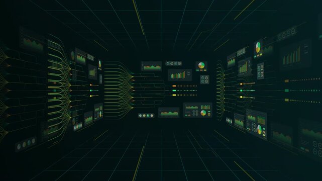 Wide digital interface displaying a global network grid of multiple artificial intelligence nodes and data reporting modules.