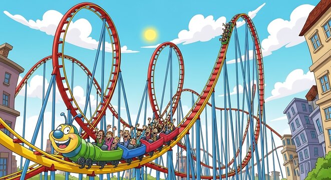 Colorful Roller Coaster in Amusement Park.