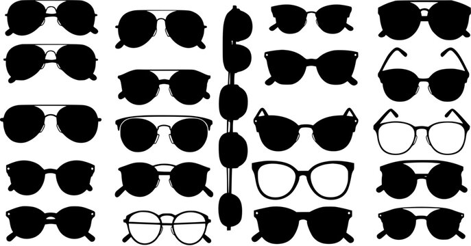 Set of various black sunglasses and eyeglasses silhouettes as icons, showcasing diverse styles and shapes on a white background, ideal for fashion and accessory graphic design.