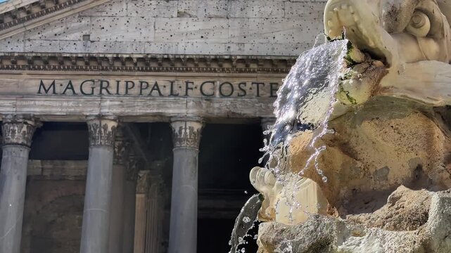 Pantheon in Rome, Italy: view fountain and the exterior with the colonnaded portico. The inscription "M.AGRIPPA.LFCOS.TERTIVM.FECIT" means "Marcus Agrippa, son of Lucius, consul for the third time