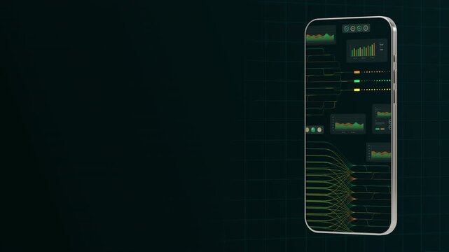 Vertical view of a smartphone screen displaying an artificial intelligence interface with neural network flow and data modules.