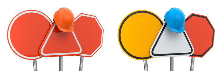 Blank traffic signs with different shapes and colors on metal poles on white background with clipping path, concept of road safety