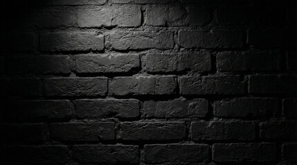 Moody black brick wall texture with dramatic lighting and realistic shadow details. Industrial urban backdrop ideal for product presentation, typography overlays, posters, banners, branding, website h