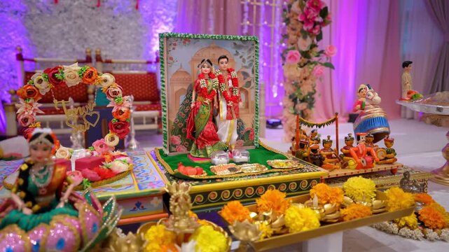 Colorful Indian wedding stage decoration with traditional dolls, flowers, and ceremonial setup. Close view of festive cultural display prepared for marriage celebration.
